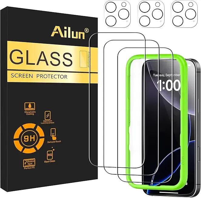 Ailun 3 Pack Screen Protector for iPhone 16 Pro [6.3 inch] + 3 Pack Camera Lens Protector with Installation Frame,Case Friendly Tempered Glass Film,[9H Hardness][Not for iPhone 16e/16/16 Plus/Pro Max]