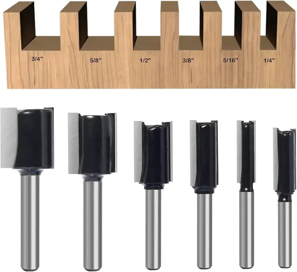 6Pcs Straight Router Bit Set 1/4 Shank, Double Flute Straight Bit Dado Straight Cut Router Bit, Cut Dia 3/4", 5/8", 1/2", 3/8", 5/16", 1/4", Straight Router Bit for Woodworking Groove by SICWOOD