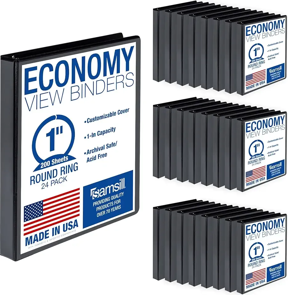 Samsill 1 Inch 3 Ring Binders, Economy Round Ring, Clear View Cover, 200 Sheet Capacity - for School, Home, Office - Black, 24 Pack