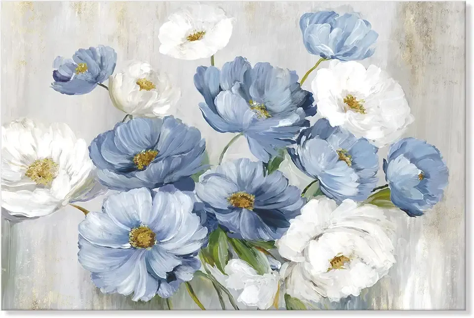 Goldfoilart Blue Flower Wall Art Light Blue and White Floral Canvas Print, 36"x24" Large Modern Flower Picture for Living Room Bedroom Bathroom Home Decor
