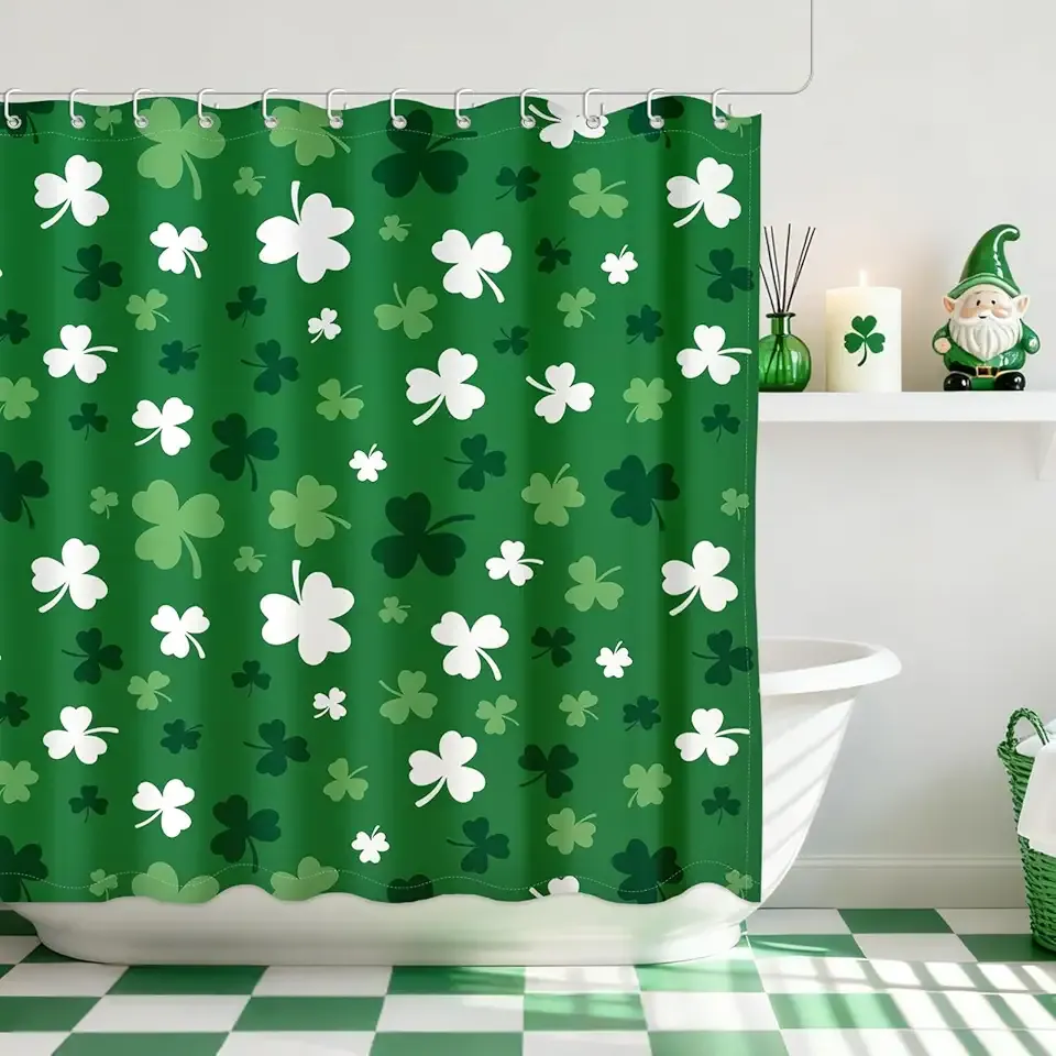 Moutina St. Patrick's Day Shower Curtain, Lucky Shamrock Decor Irish Green Bathroom Curtain Set - 72x72 Inch Waterproof Polyester Fabric with Hooks