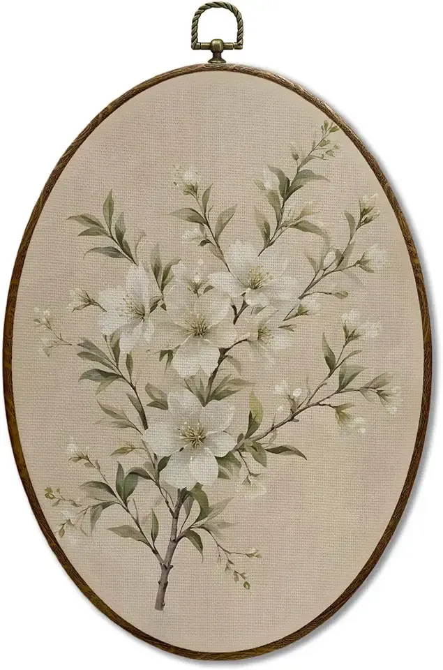 JQF Vintage Floral Oval Framed Wall Art, Cottagecore Retro Flower Botanical Oval Canvas Wall Decor, Rustic Floral Framed Prints Hanging Decor for Home Bedroom Living Room, 8.5x11.5 Inch