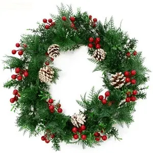 Corona de Navidad con piñas, bayas y acentos verdes - Decorativa para puerta y pared