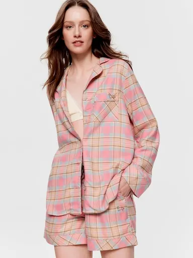 Pink Caramel Check Viscose Flannelette Long Sleeve Boyfriend Shirt