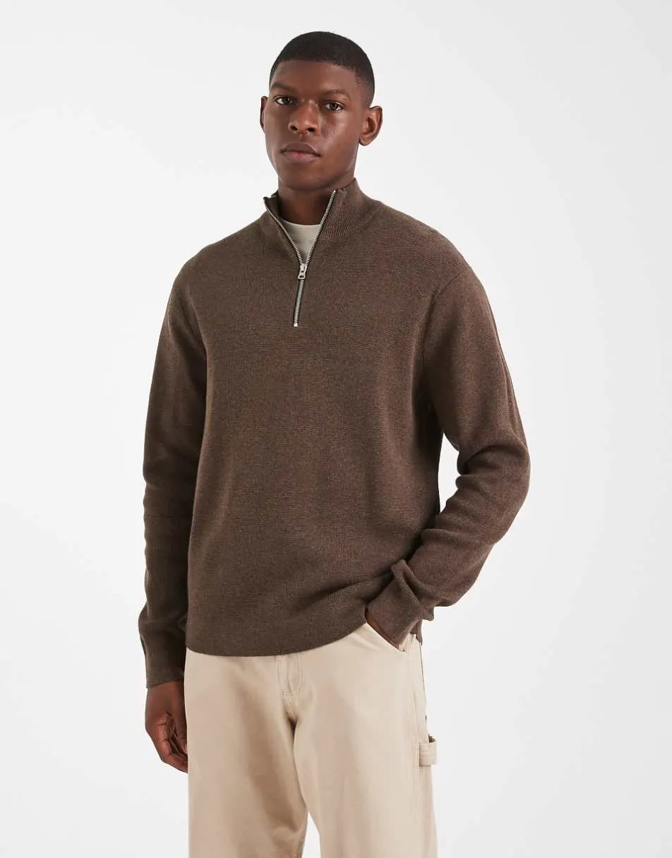 ONLY & SONS half zip knitted jumper in brown