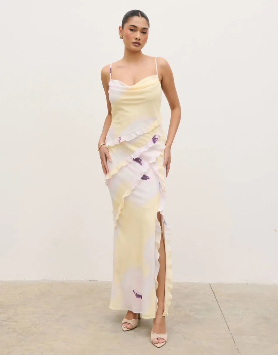 Pretty Lavish ruffle cami cowl neck maxi dress in watercolour lemon floral