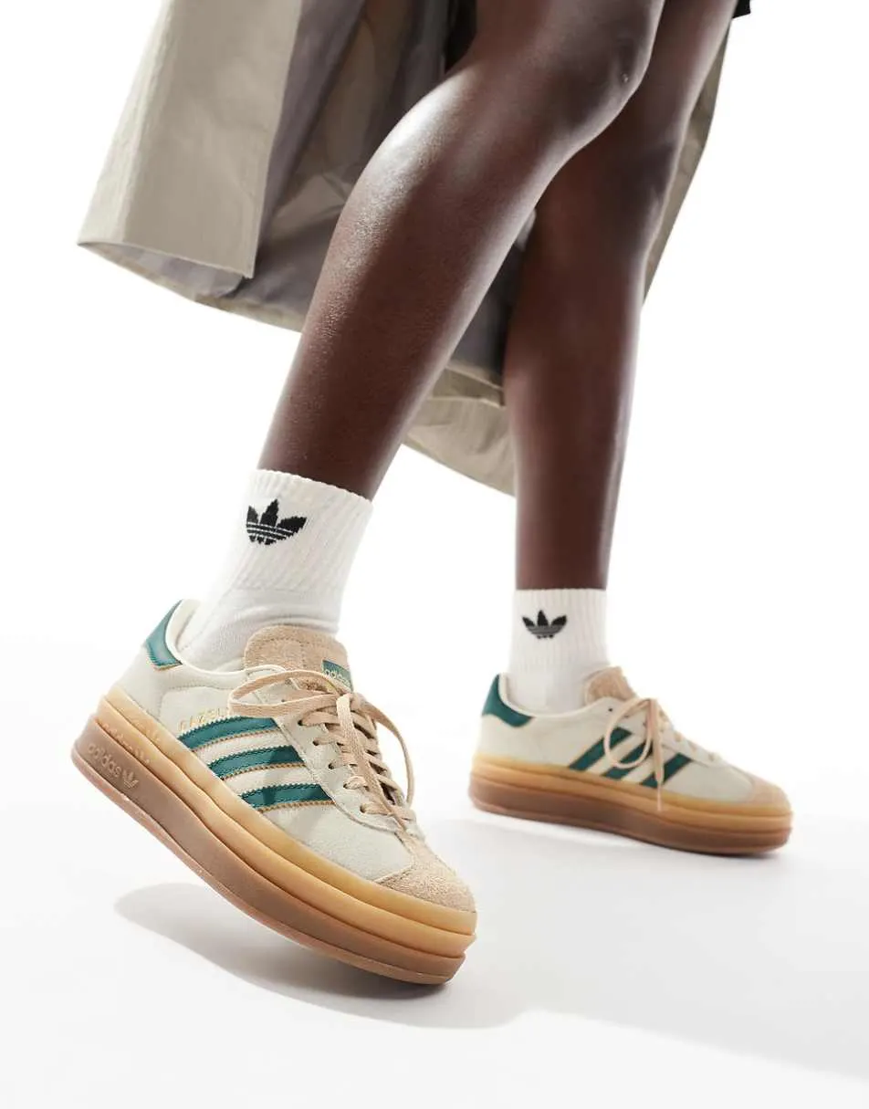 adidas Originals Gazelle Bold platform trainers in cream and green with gum sole