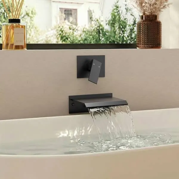 YAWWALK Wall Mount Waterfall Spout Roman Tub Faucet 8.​4 GPM with Valve, Single Handle Bathtub Faucet in Matte Black