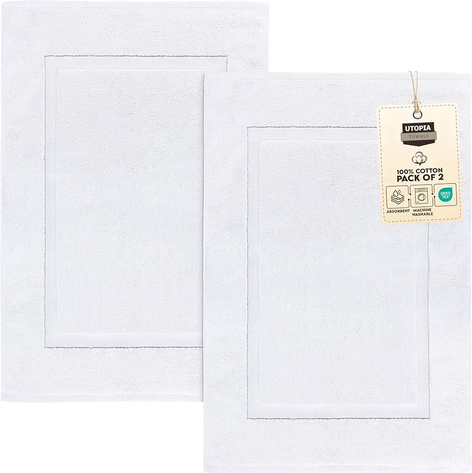 Utopia Towels Cotton Banded Rug, Bath Mats, Not a Bathroom Rug, 21 by 34 Inches, 100% Ring Spun Cotton, Highly Absorbent Shower Bathroom Floor Mat, White, 2 Pack