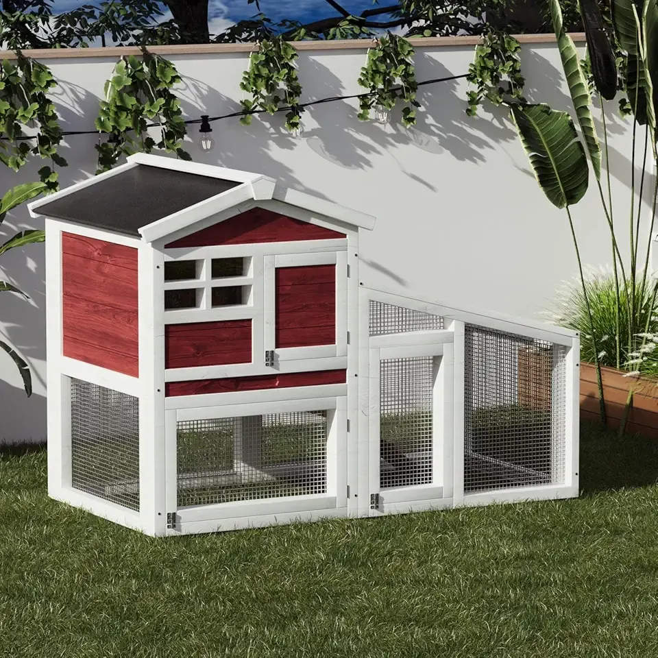 2-Tier Rabbit Hutch, 54" Wooden Bunny Cage with Non-Slip Ramp & Removable Tray, Indoor Outdoor Wooden Bunny Hutch with Weatherproof Asphalt Roof for Rabbits, Guinea Pigs, Chickens