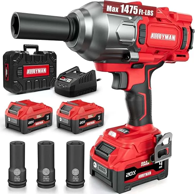 Alloyman Cordless Impact Wrench, 1475Ft-lbs (2000N.m) 1/2 High Torque Brushless Impact Gun, 20V Power Impact Driver, 2*4000mAh Battery,3 Sockets, Brushless Motor Variable Speeds for Car/Truck RV/Mower