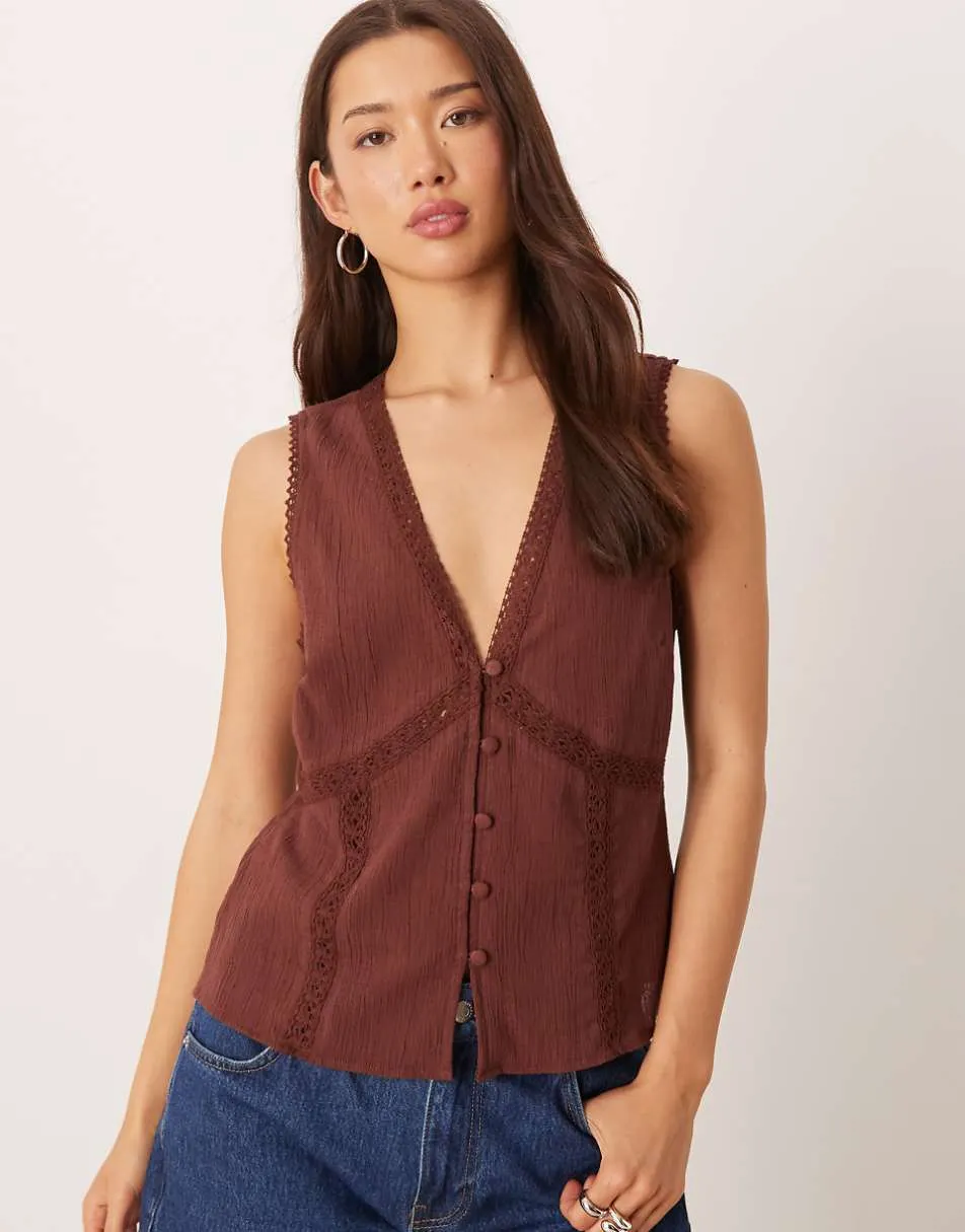 ASOS DESIGN lace trim waistcoat in brown