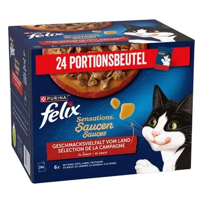 Sachets Felix pour chat : 3 x 24 x 85 g + 1 paquet offert ! Sensations Sauce Surprise : sélection à la viande