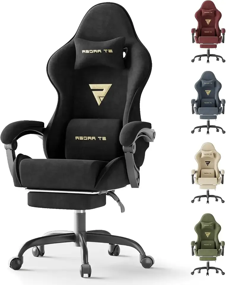 Ergonomic Gaming Chair with Massage Lumbar Support & Retractable Footrest, High Back Reclining Racing Style Computer Desk Chair, Velvet Upholstered Swivel Office Chair for Adults, Black