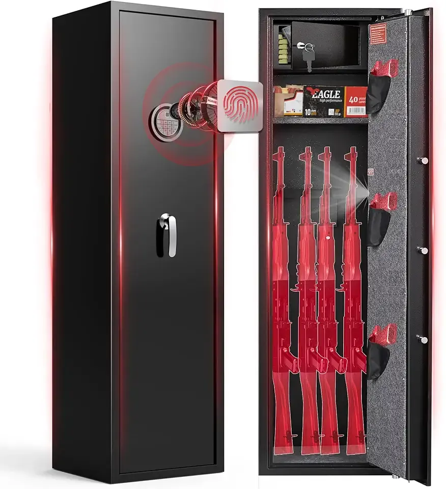 Biometric Fingerprint Gun Safe for Rifles, 6-8 Gun Cabinet with Key Inner Cabinet, Fingerprint & Digital Keypad Rifle Cabinet, Gun Safe for Rifles and Pistols, Pistol Pocket, Silent Mode