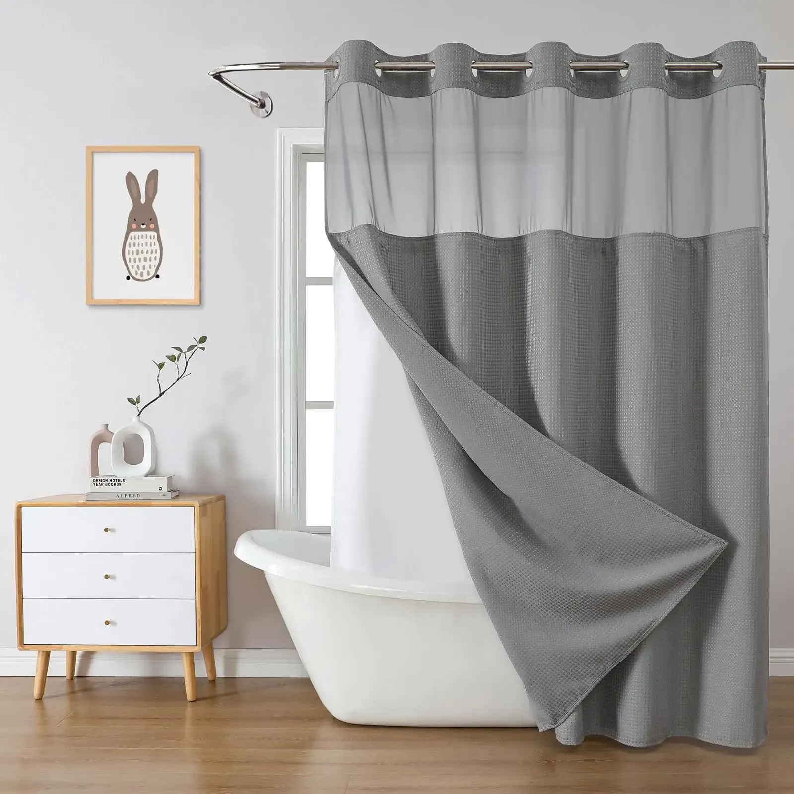eachope Grey No Hook Waffle Weave Shower Curtain with snap-in Liner Replacement, 230GSM Waterproof Fabric Hotel Shower Curtain Set for Bathroom, Through Mesh Top Window,71Wx74H