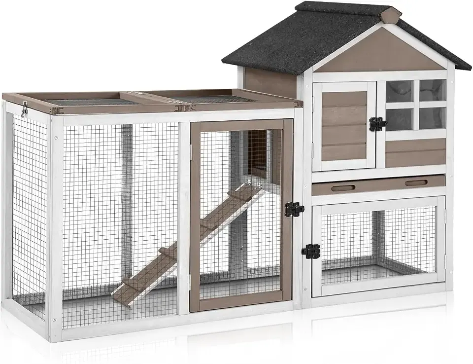 GUTINNEEN 51.6" Large Rabbit Hutch with Chew-Proof Ramp, Small Chicken Coop with Run for Outdoor, Indoor Bunny Cage Guinea Pig House with Leak-Proof Tray (Brown)