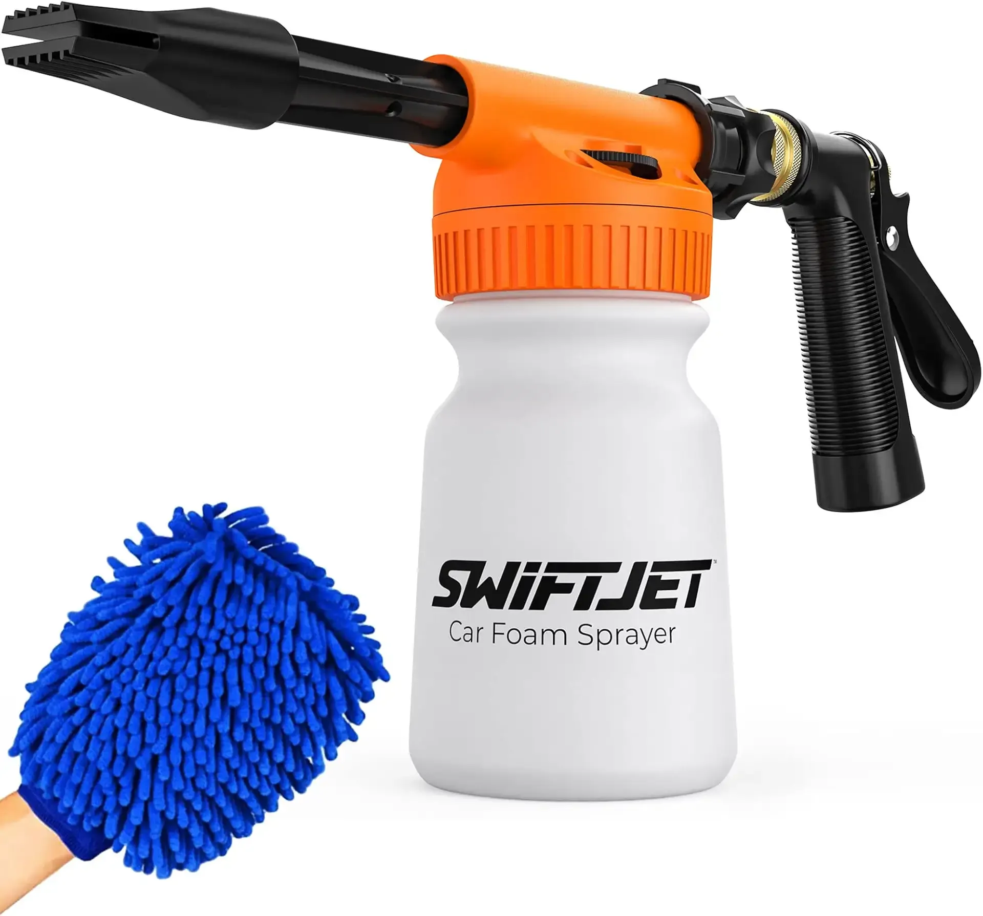SwiftJet Car Wash Foam Gun + Microfiber Wash Mitt - Foam Cannon Works with Any Soap - Garden Hose Car Foam Sprayer - Car Wash Kit - Car Accessories Foam Blaster (Orange Foam Gun with Mitt)