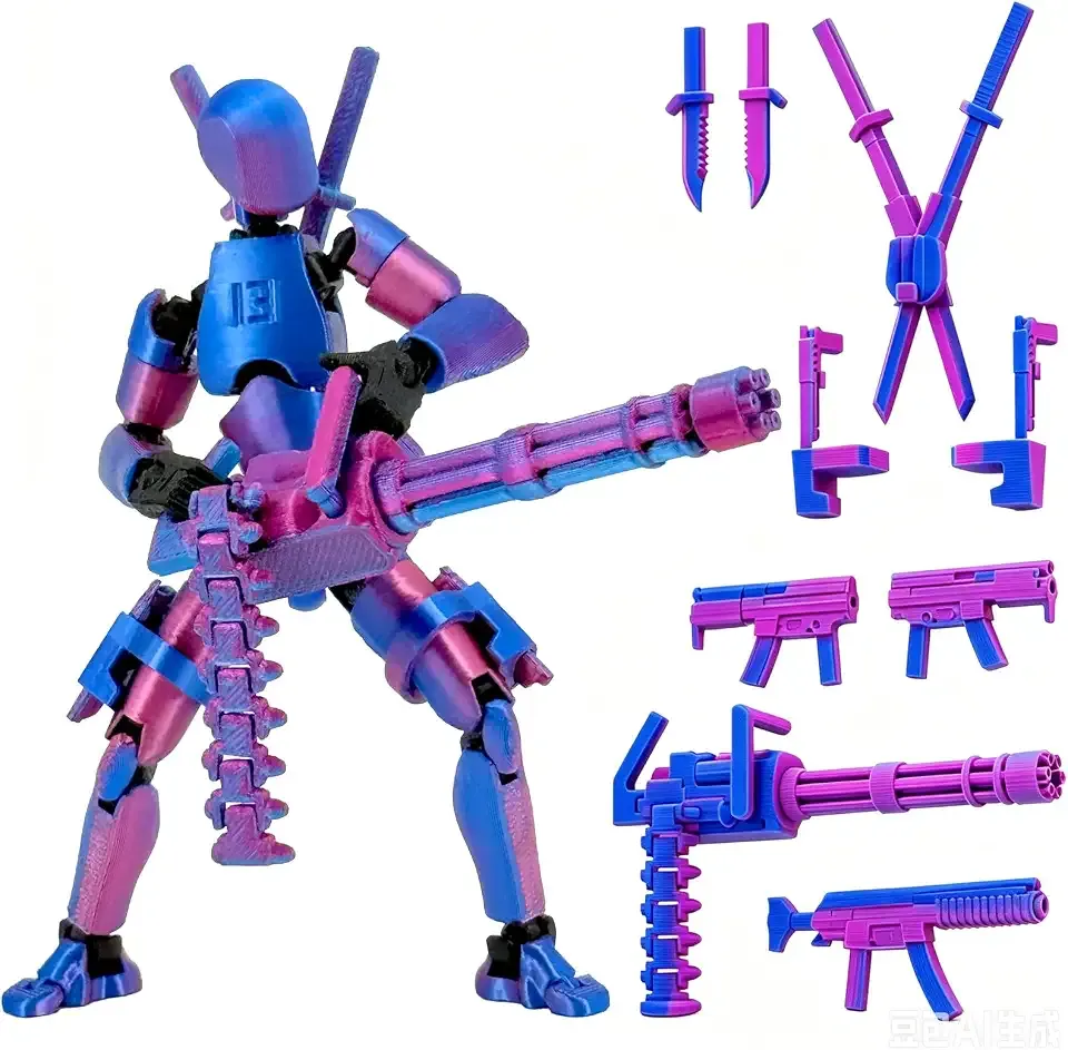 Gatling Gun Titan 13 Action Figure Set【Assembled】, Robot T Action Figure 3D Printed Dummy 13 Action Fidget Toys Figure Articulated, Lucky 13 for Collectors Desktop Decorations (Purple Blue)