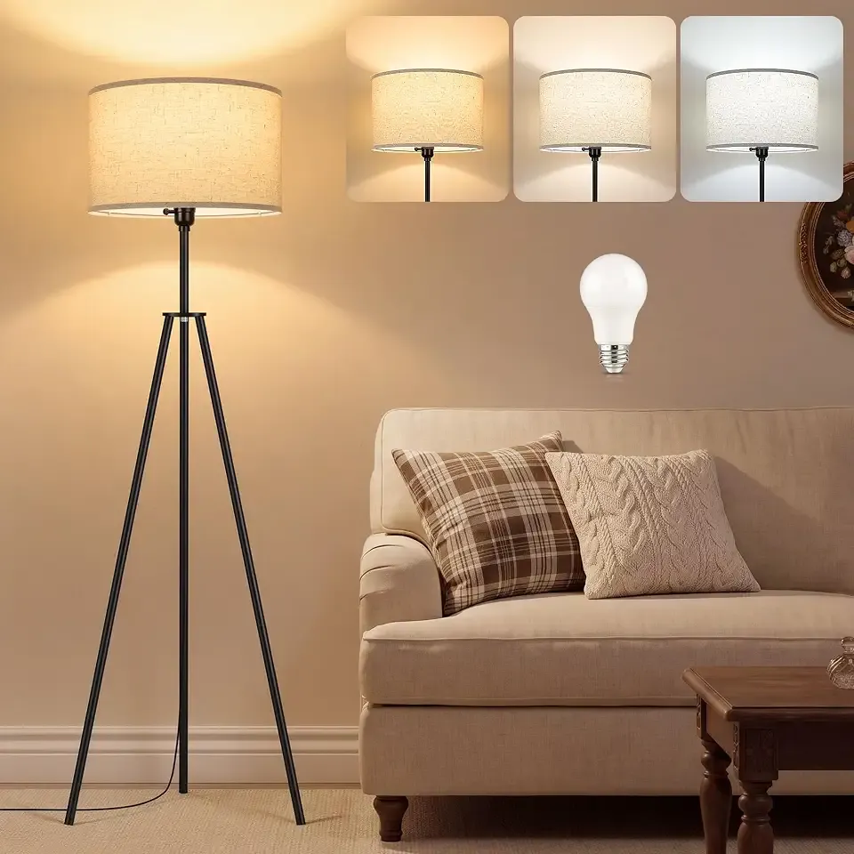 Tripod Floor Lamp with 3-CCT Bulb, Mid Century Tall Standing Lamp for Home | Metal Tripod Stand, Fabric Shade, Rotary Switch, 3CCT Bulb Included, Plug-in Wired Tall Floor Light for Living Room & Bedroom