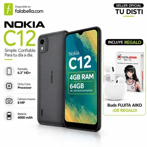 Smartphone NOKIA C12 /Batería ALL Day / 4GB(2+ 2GB EXT)+ 64GB Charcoal + BUDS FUJITA JAPAN