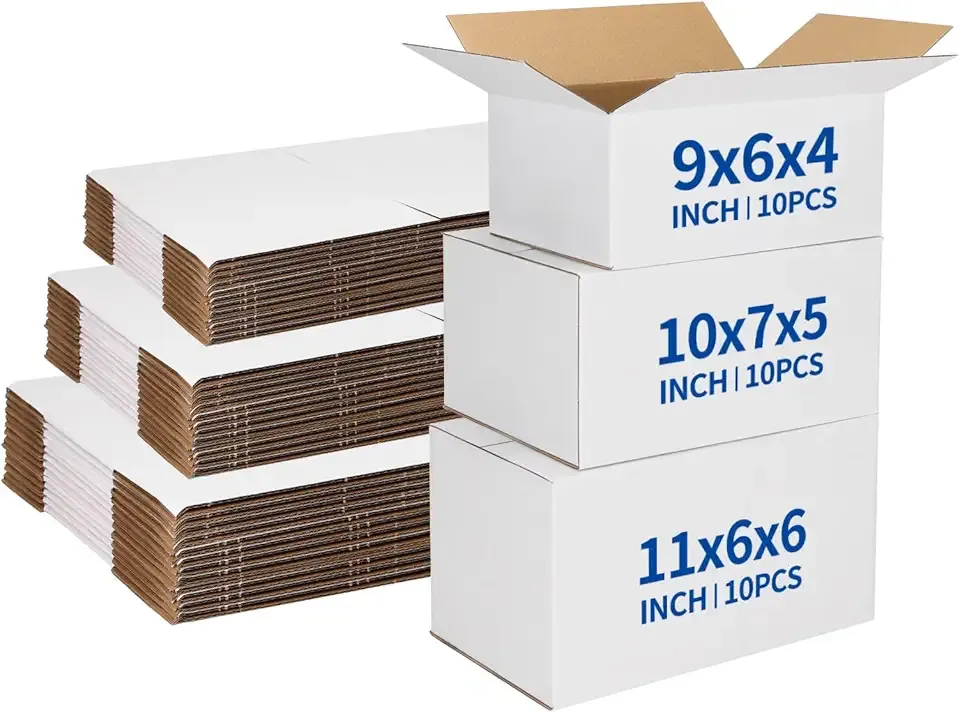 CRUGLA Assorted Sizes Shipping Boxes 30 Pack (11x6x6, 10x7x5, 9x6x4), White Corrugated Cardboard Mailers, Each 10 PCS Small Boxes for Small Business Packaging, Shipping & Storage