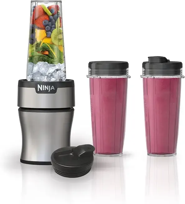 Nutri-Plus Personal Blender | Compact Push to Blend | Make Frozen Drinks, Smoothies, Sauces & More | With (3) 20 oz. To-Go Cups, (2) Spout-Lids & (1) Storage-Lid | 900 Peak Watt | Silver | BN301