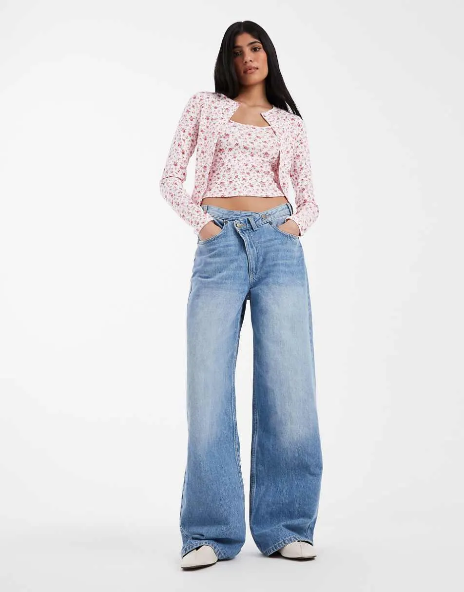 Miss Selfridge ribbed cardigan and cami set in ditsy print