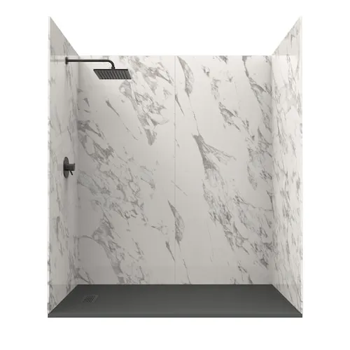 Carrara 36 in. x 72 in. x 84 in. Solid Composite Stone Alcove Shower Kit w/ Walls and Graphite Pan Base L/R Drain