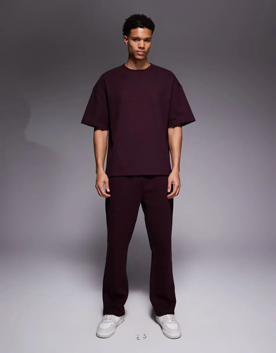 River Island textured t-shirt and shorts set in burgundy