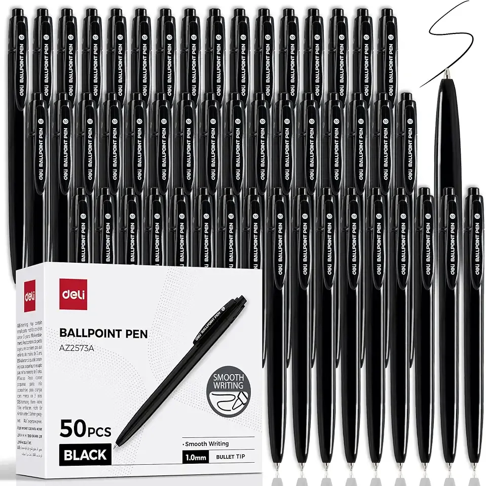 deli Pens Bulk, 50 Pack Retractable Ballpoint Pens, 1.0MM Black Ink,Smooth Writing, No Bleed, Comfortable Grip for Home,Office & School Use