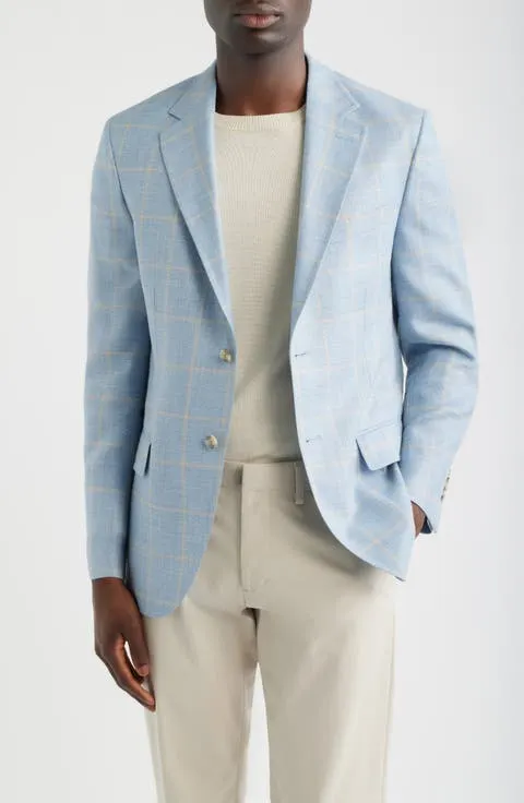 Hyperlight Soft Light Blue Windowpane Check Slub Wool & Silk Blend Sport Coat (Regular & Big)
