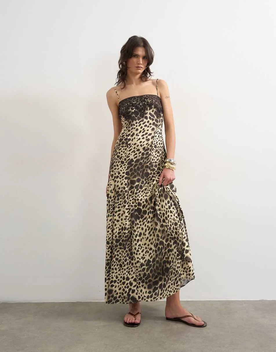 Topshop lace bust maxi dress in leopard print