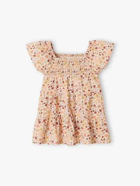 Robe fleurie bébé avec smocks - écru