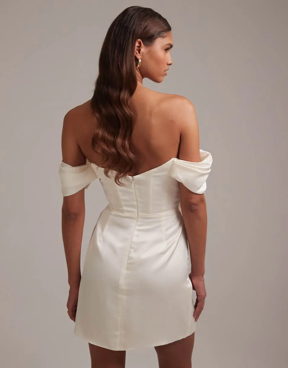ASOS DESIGN satin off shoulder mini dress in ivory