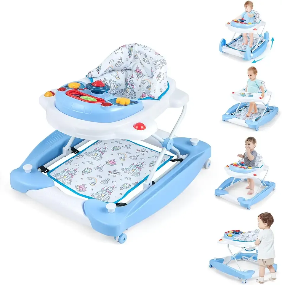 BABY JOY 6-in-1 Baby Walker, Foldable Baby Walker with Wheels, Adjustable Height, Music, Lights, Bouncer & Rocker Mode, Baby Walkers for Boys Girls 6-14 Months (Blue)