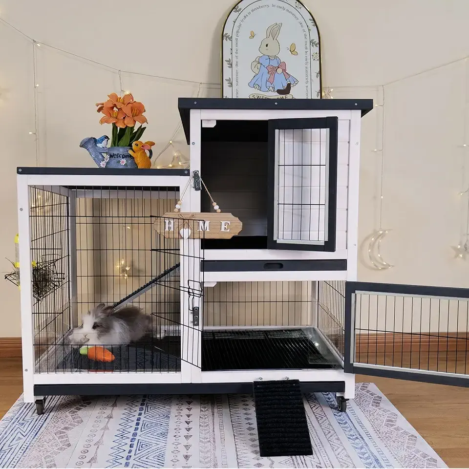 FunXplore 2-Tier Rabbit Cage & Bunny Hutch Indoor Outdoor, 4 Metal Wheels, Chew-Resistant Aluminum-Edged Frames & Ramps, Leak-Proof Trays, Easy Assembly, Spacious for Rabbits & Small Animals