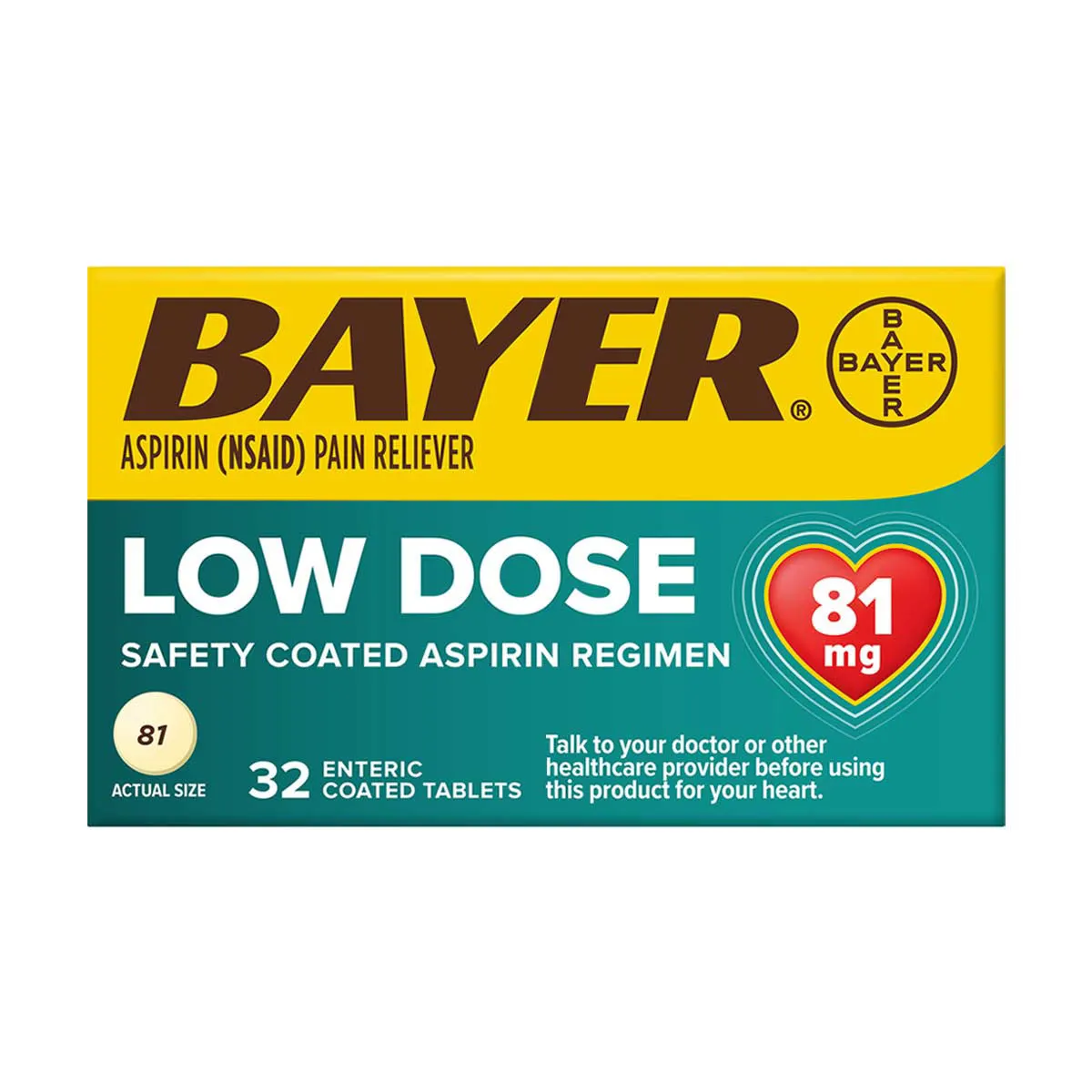Bayer Low Dose Aspirin Pain Reliever 81mg Enteric Coated Tablets, 32 ct