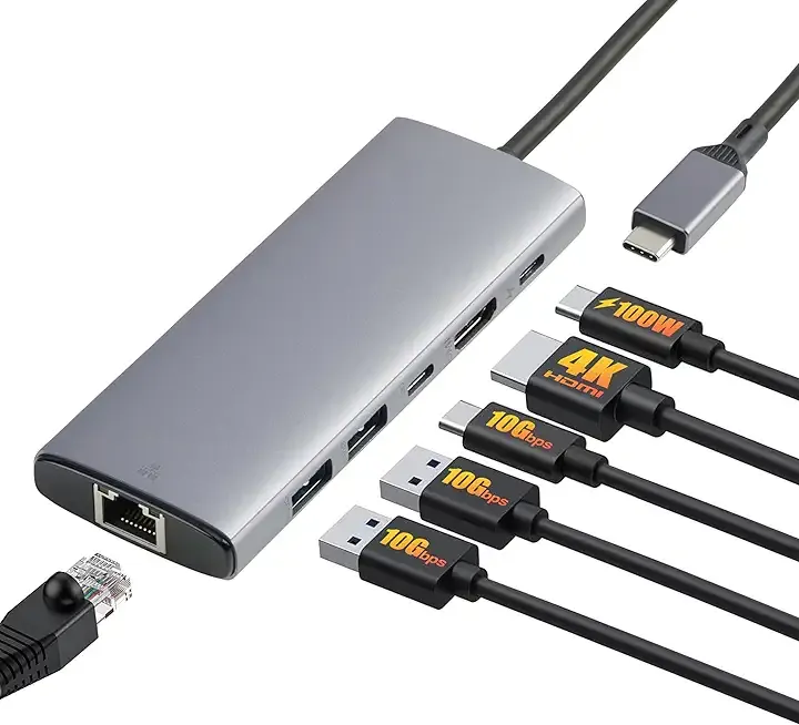 Amazon Basics 6-in-1 USB-C 3.2 (10G) Hub, Multiport Adapter with 100W Power Delivery, 4K HDMI, Ethernet, 2 USB-A, 1 USB-C, Light Grey, 4.70 x 1.81 x 0.59 inches