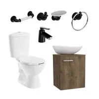 Combo Manantial: Sanitario Manantial Redondo Blanco De 2 Piezas + Mueble De Colgar De 40 Cm Nogal Negro, Lavamanos Milano + Grifería Sencilla Nogal Negra + Accesorios Valencia De 4 Piezas Corona