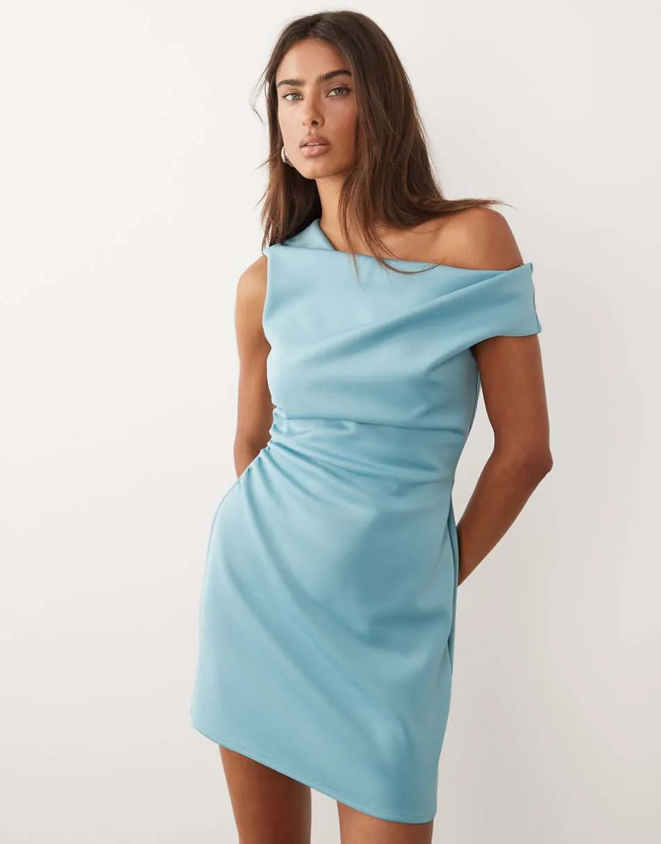 ASOS DESIGN off shoulder sculpted mini dress in bright blue scuba-style fabric