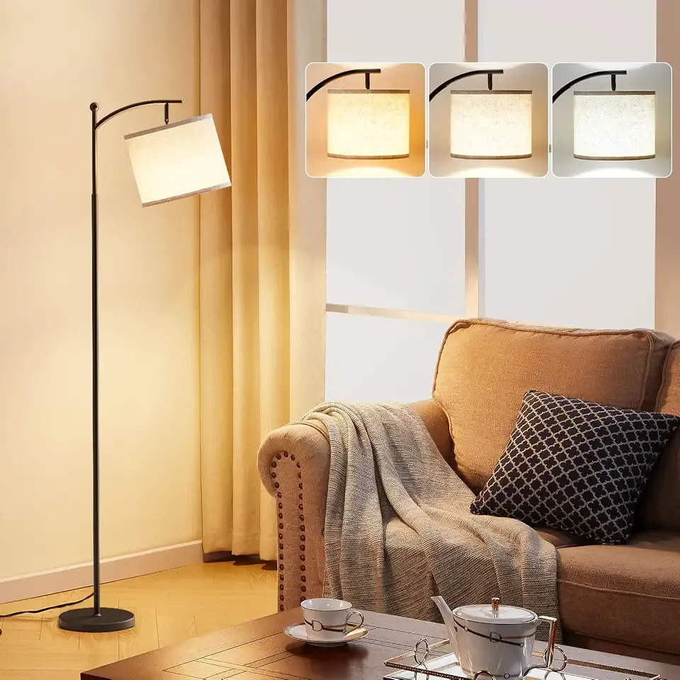 60" Modern Floor Lamp with Beige Shade, 9W LED Bulb | 3 Color Temperatures Bulb, Adjustable Linen Shade, Standing Lamps for Living Room Bedroom Office Classroom Dorm, Black Pole