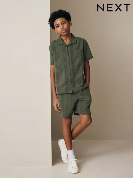 Khaki Green Short Sleeve Textured Shirt and Shorts Set (3-16yrs)