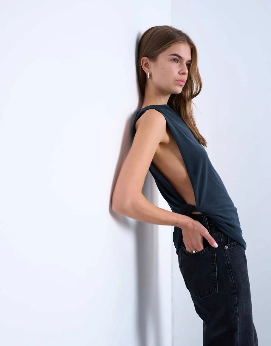 Topshop cupro knot side sleeveless top in charcoal grey