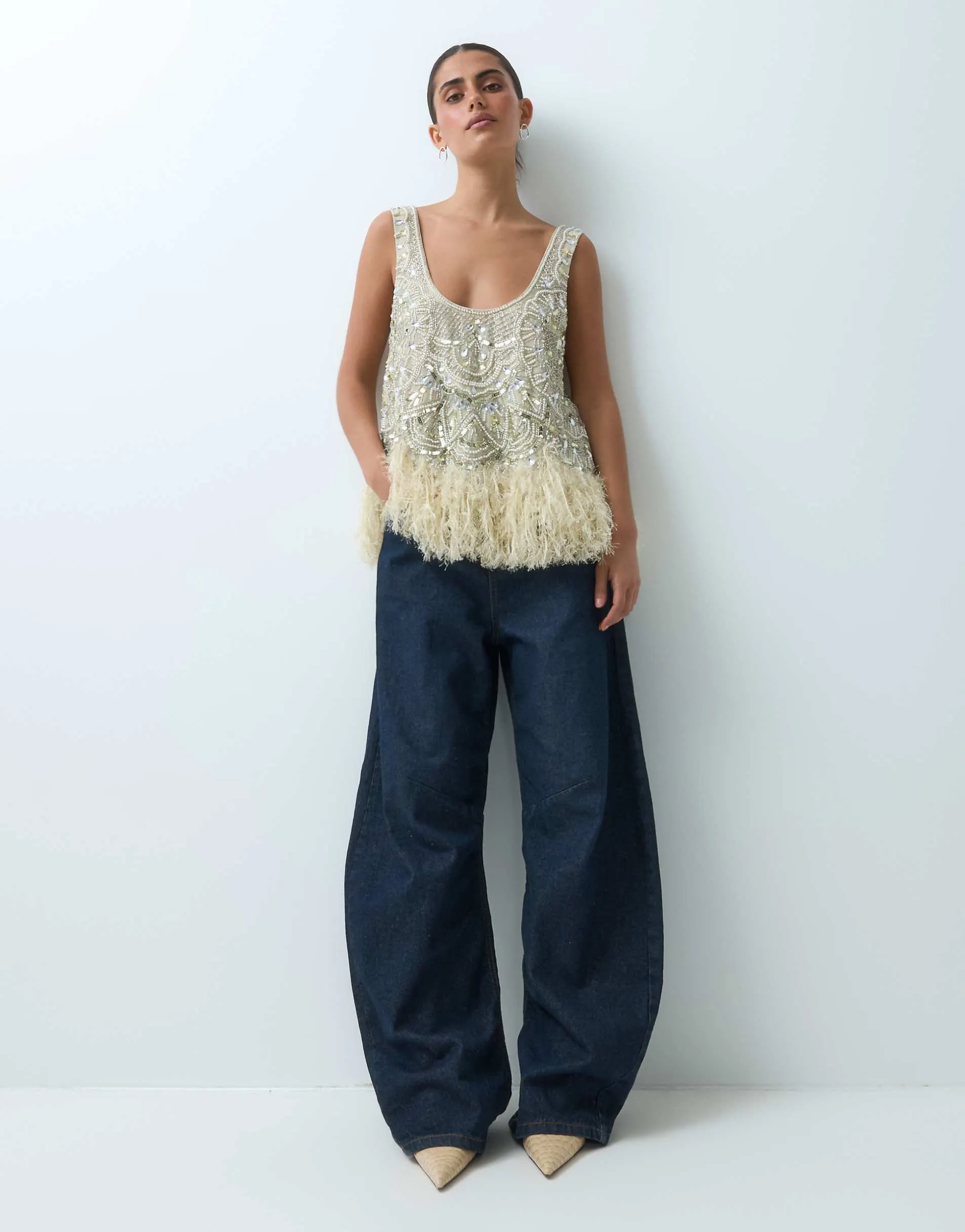 ASOS LUXE feather hem scoop neck embellished top in pale yellow