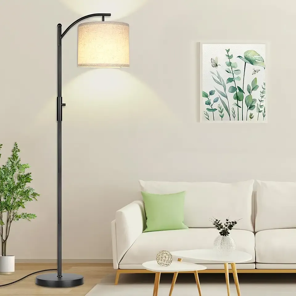 ROTTOGOON Dimmable Floor Lamp, Arc Floor Lamps for Living Room, Stepless Dimming Modern Standing Lamp with Linen Shade, Tall Lamp for Bedroom Office Dining Room- Black