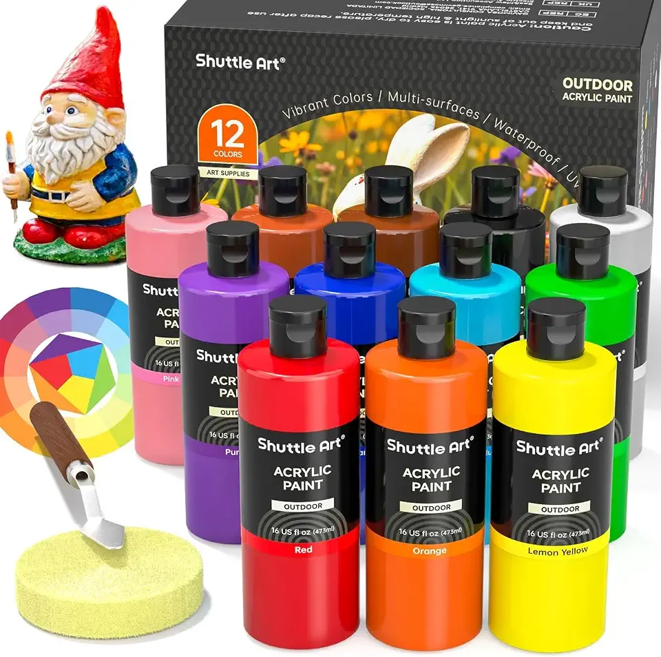 Shuttle Art Outdoor Acrylic Paint Set, 12 Colors Outdoor Paint,16oz Large Bottles, Rich Pigmented Bulk Painting Supplies for Artists, Beginners on Rocks, Wood, Wall, Crafts, Garden Statues