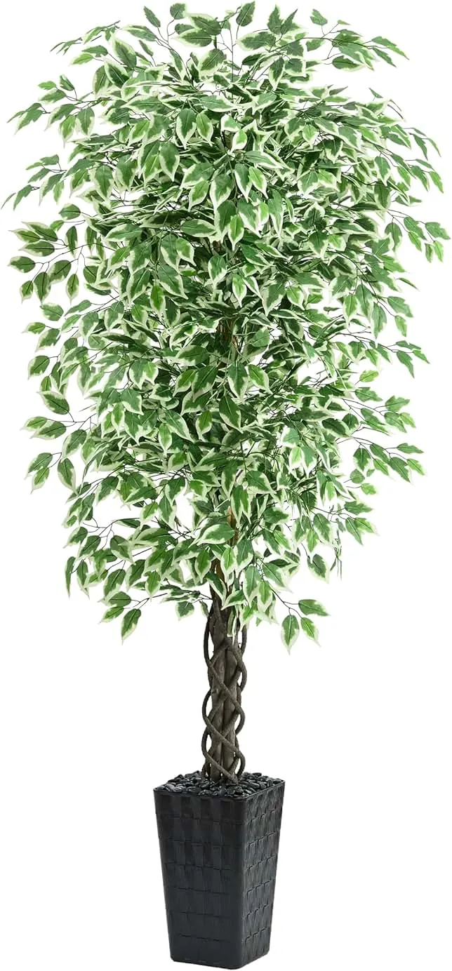 Artificial Ficus Tree Indoor 6FT Fake Plants Large Artificial Plant with Crack Black Tall Planter, Green Lifelike Lush Fake Ficus Tree for Home Living Ro…