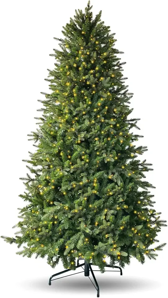 7.5ft Prelit Christmas Tree with 798 Warm White & Multi-Color LED Lights 1900 Branch Tips 3-Minute Quick Power Connect Pencil Xmas Tree for Holiday Decor Home and Party