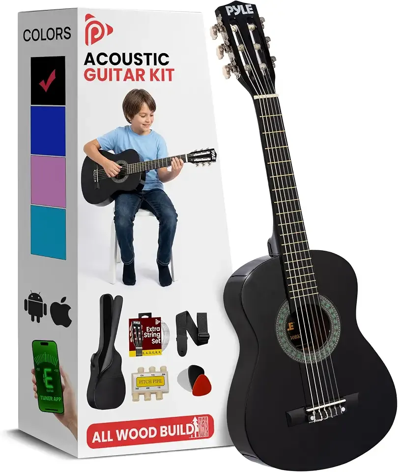 Pyle 30-Inch Beginner Acoustic Guitar Kit, 6-String Classical Style Travel Guitar for Kids & Adults - Includes Shoulder Strap, Strings, Picks, Tuning Pitch Pipe & Storage Gig Bag, Handcrafted Wood